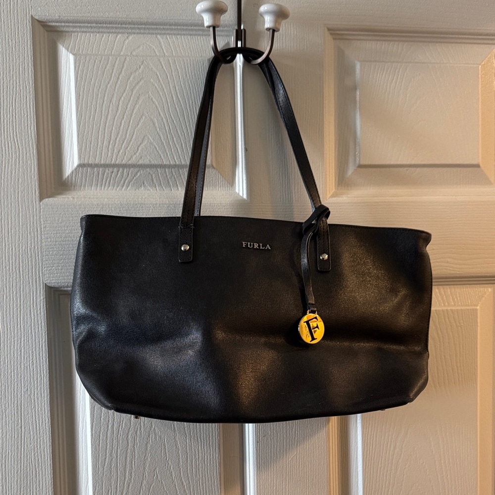 Furla Black Saffiano Tote with Gold Logo Charm